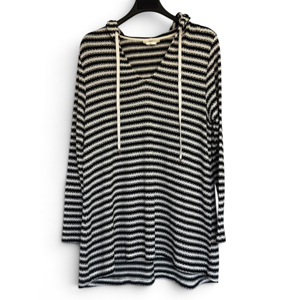 La Blanca Women Black White Striped Knit Hoodie Beach Cover Up Tunic Large Pool - Picture 3 of 6
